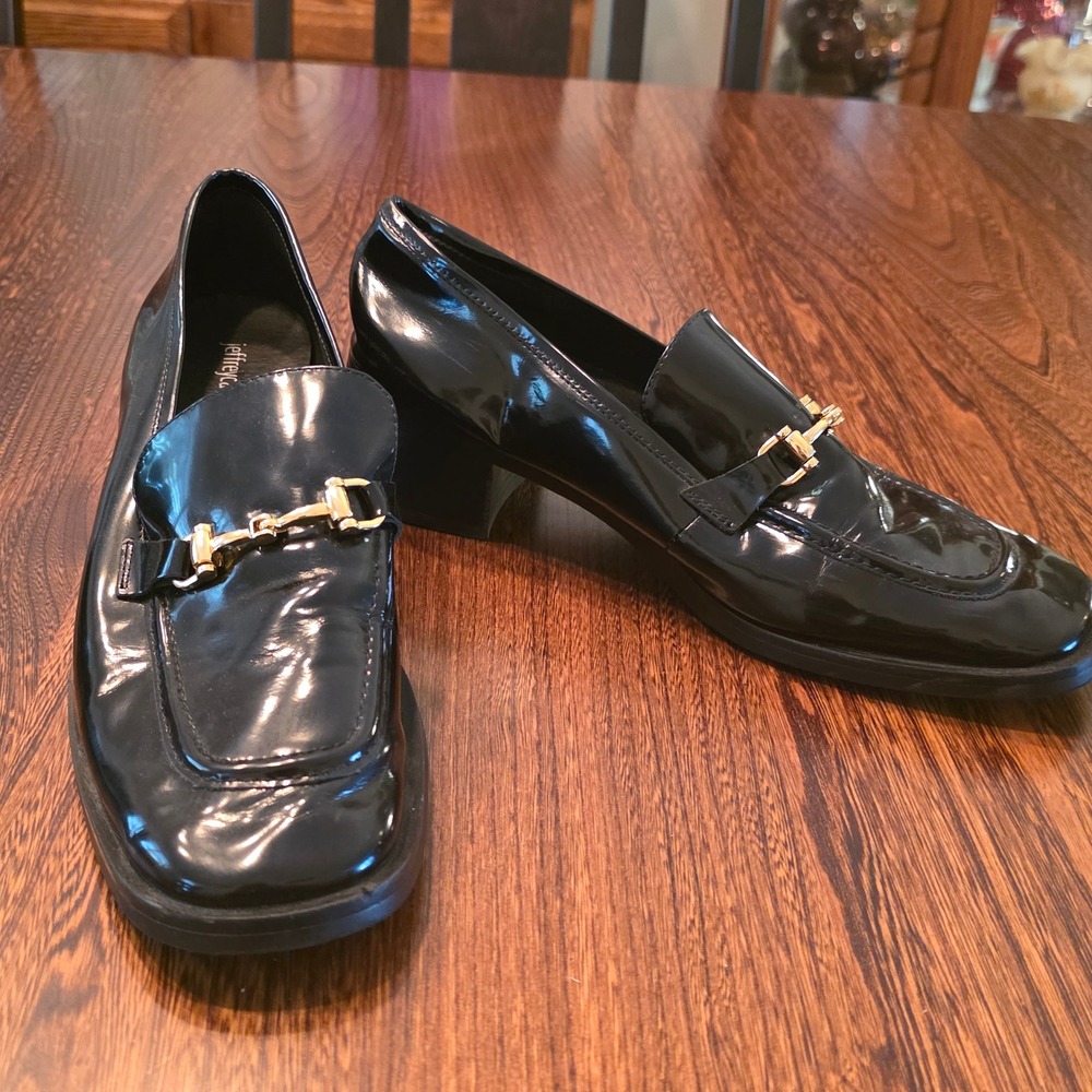 Jeffrey Campbell Black Patent Leather Horsebit Block Heel Loafers Square Toe 9